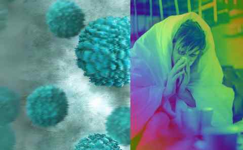 Image of magnified virus, blurry in green on the left and a man who is sick an ill, blowing his nose wrapped in a blanket on the right
