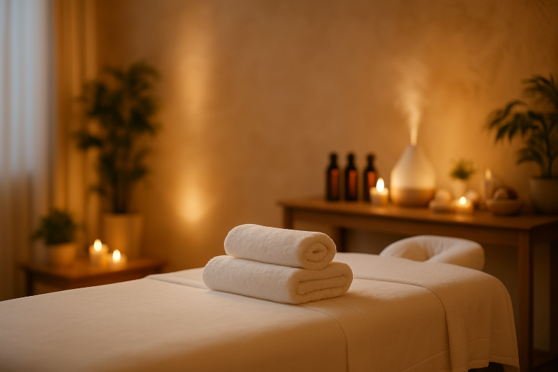 A luxuries spa bed with essential oils, diffuser and candles in the background in a cozy and warm setting.